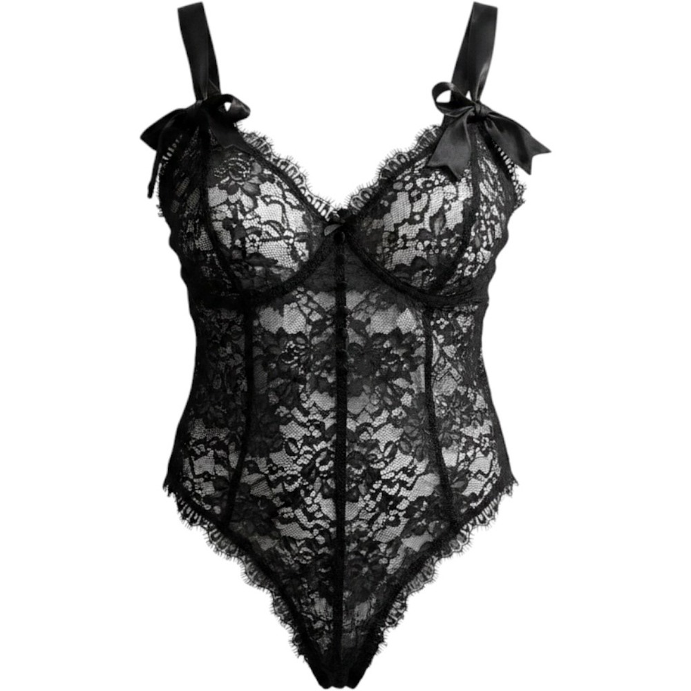 Victoria Secret Y2K Bodysuit Black‎ Sheer Lace Satin Buttons Tie Size L Fairy